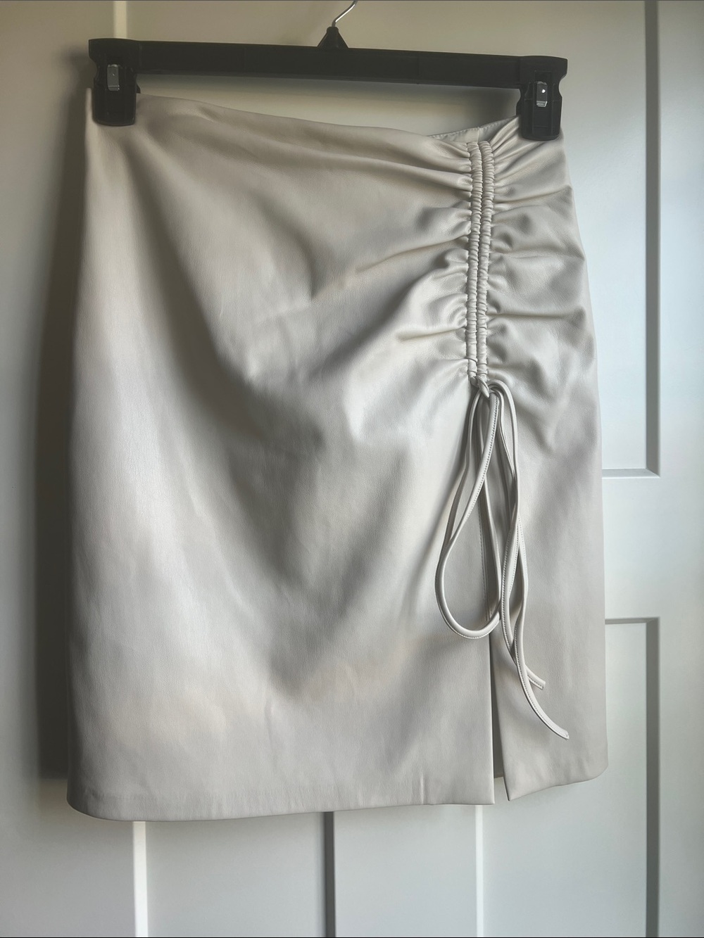 Love Token Light Gray Faux Leather Ruched Mini Skirt with Side Tie
